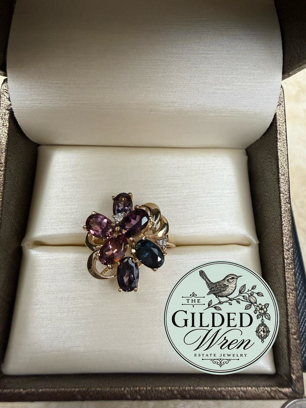 Vintage 14K Gold Multicolor Spinel Sapphire Cocktail Ring Mid Century Sz 6.75